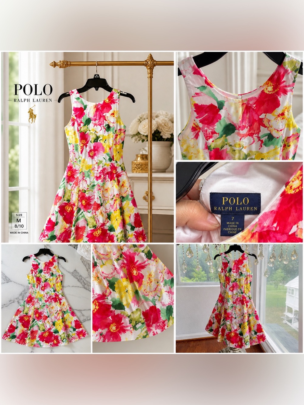 Polo by Ralph Lauren Girls Floral Fit-and-Flare Dress — Pink, Yellow & Green